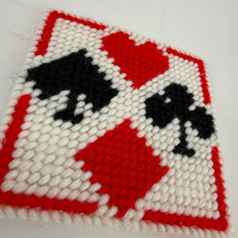Handmade Needlepoint Playing Card Coaster Set with Tote Caddy Red Black White